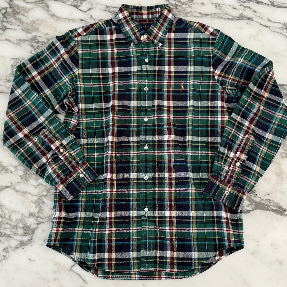 Polo Ralph Lauren Cotton Men's Green Plaid long sleeve shirt, Medium